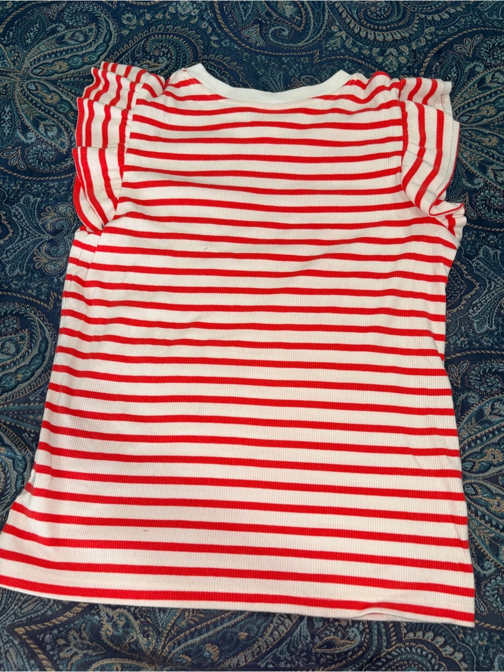 Cat & Jack Red and White Striped Ruffle Sleeve Tee with Blue Heart - Picture 2 of 2